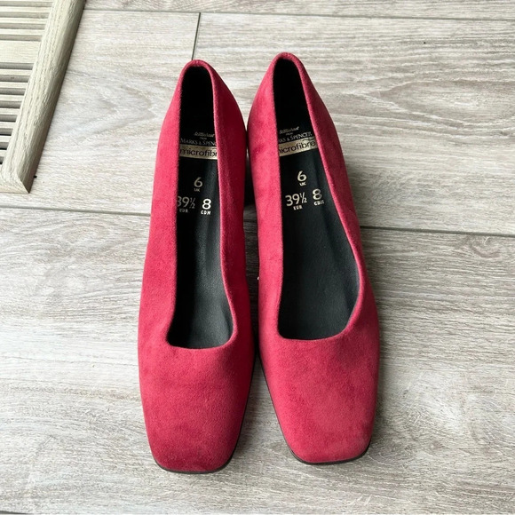 St. Michael Shoes - St. Michael Red Faux Suede Square  Toe Block Heel Pumps